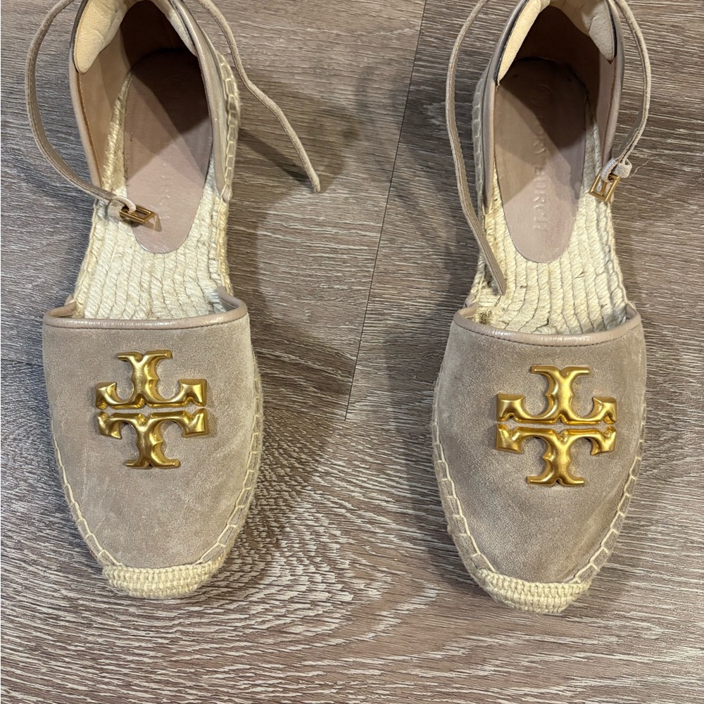 Tory Burch Beige Suede Espadrille Sandals with Gold Logo